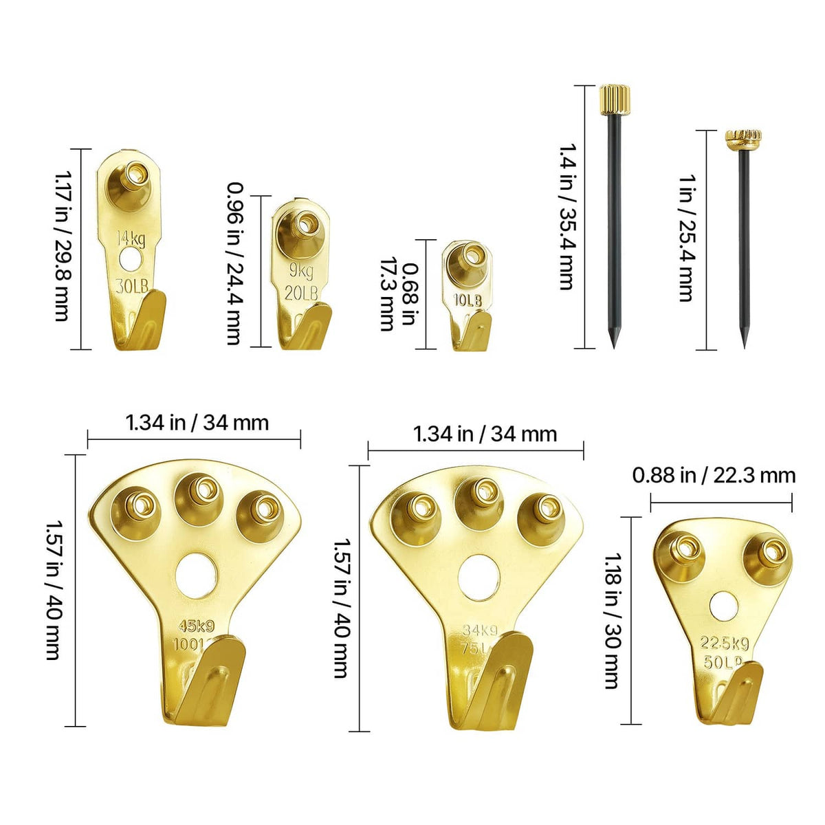 Gold metal picture hanging hooks with size and depth measurements, assorted styles