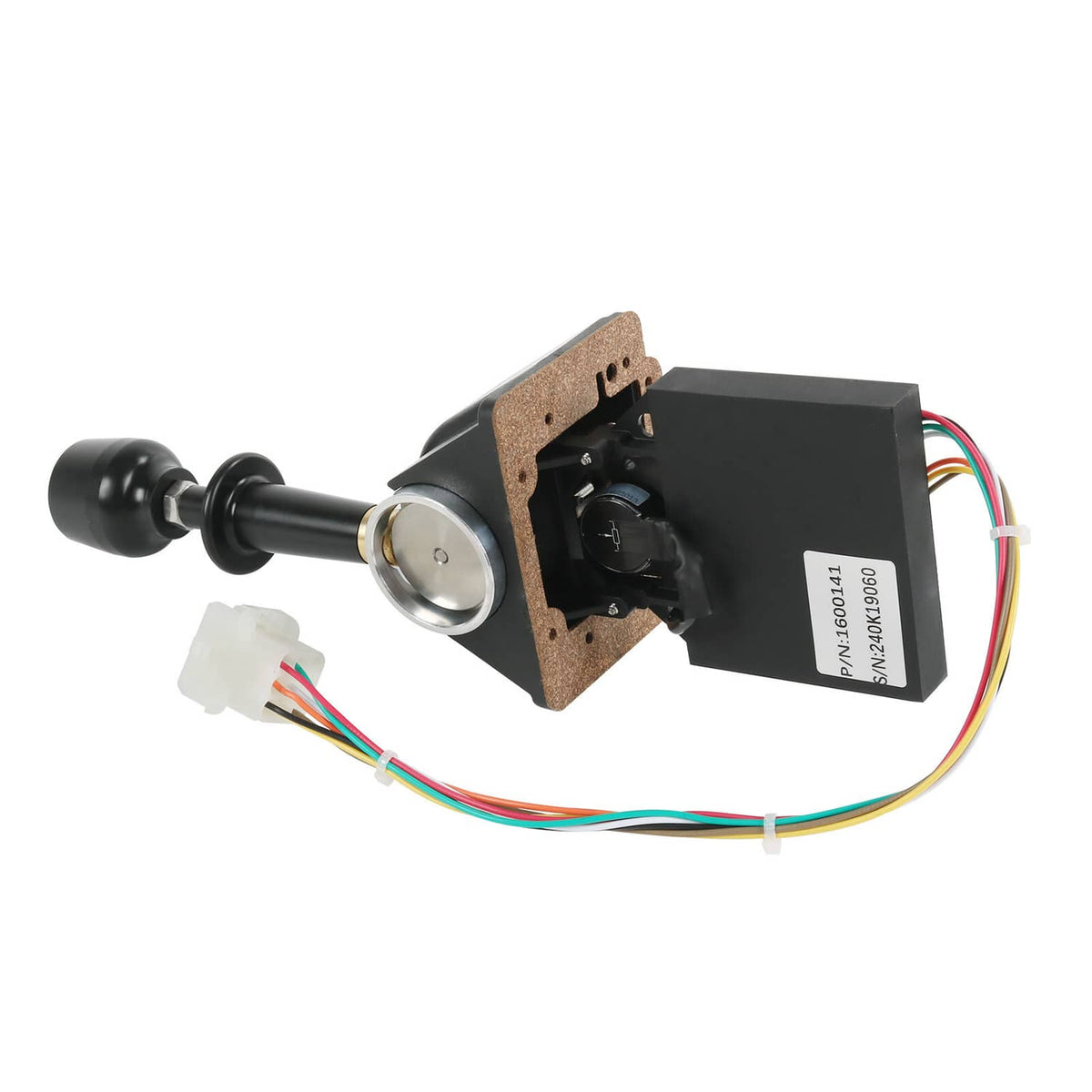 Black joystick controller with brown circuit board, circular metal cap and multicolor wires