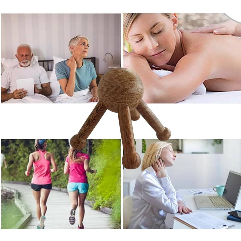 Brown wooden 5-legged massage tool shown in use for body and neck relaxation.