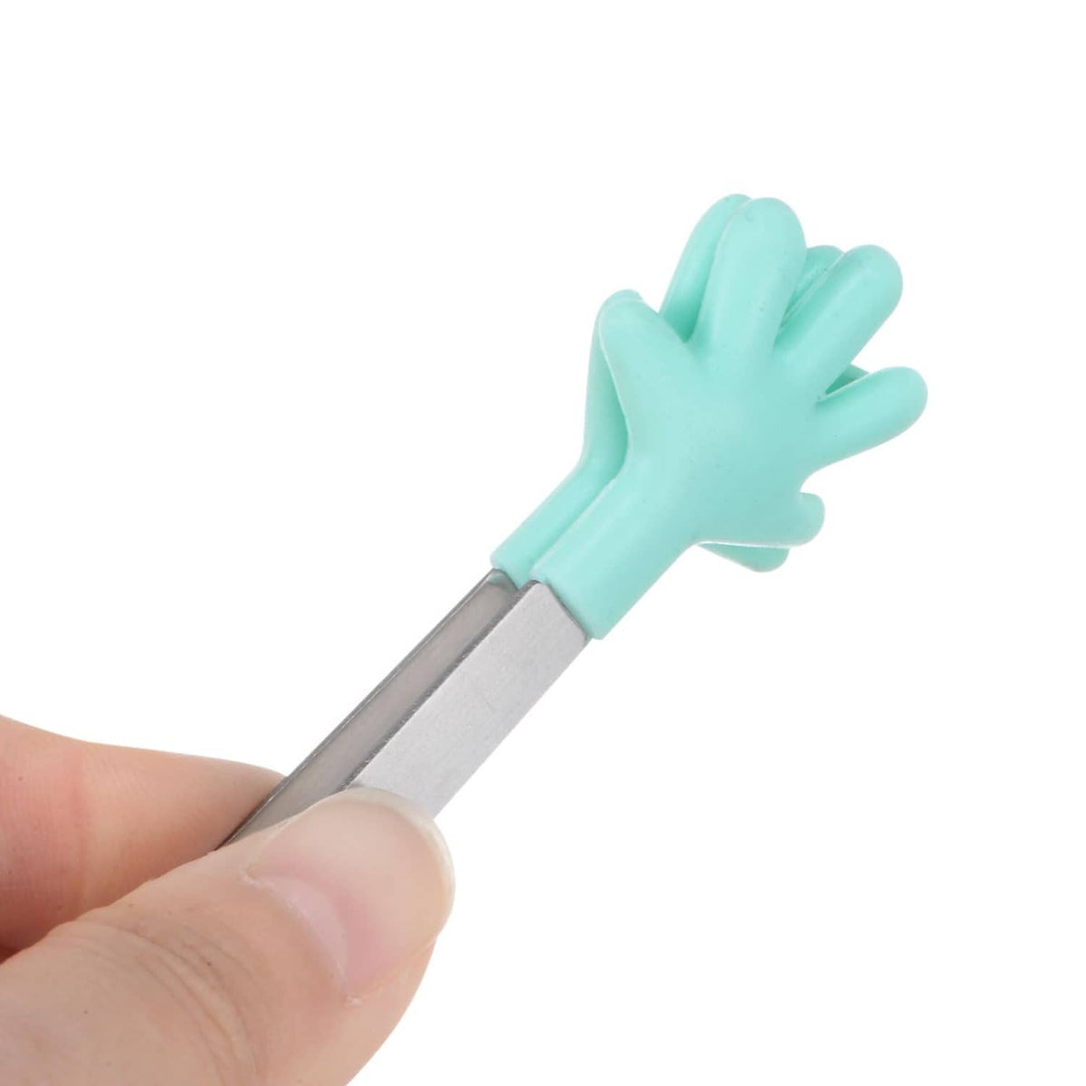 Close-up of turquoise silicone hand-shaped tip on stainless steel mini tongs