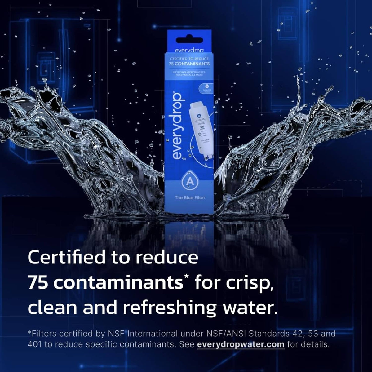 everydrop water filter cartridge with retail box, blue and white packaging.