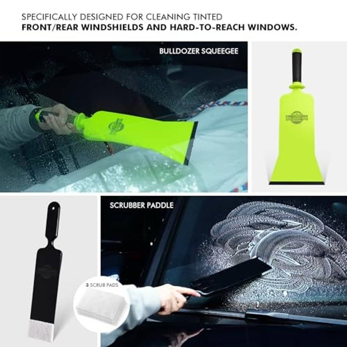 Neon-green bulloozer squeegee and scrubber paddle for cleaning tinted windshields