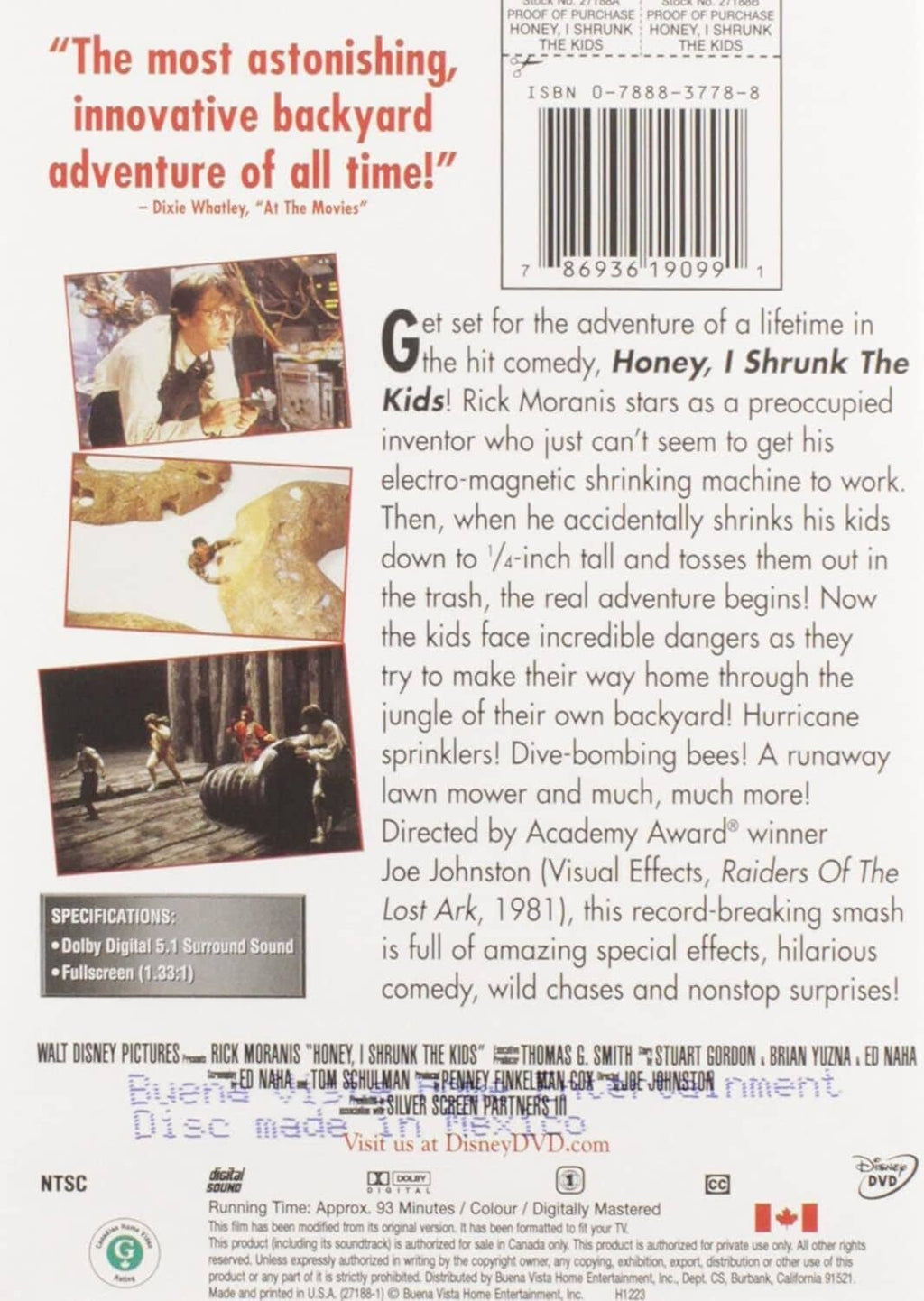 DVD back cover with synopsis text, barcode, and Rick Moranis