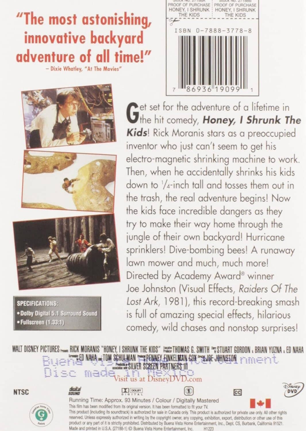 DVD back cover with synopsis text, barcode, and Rick Moranis