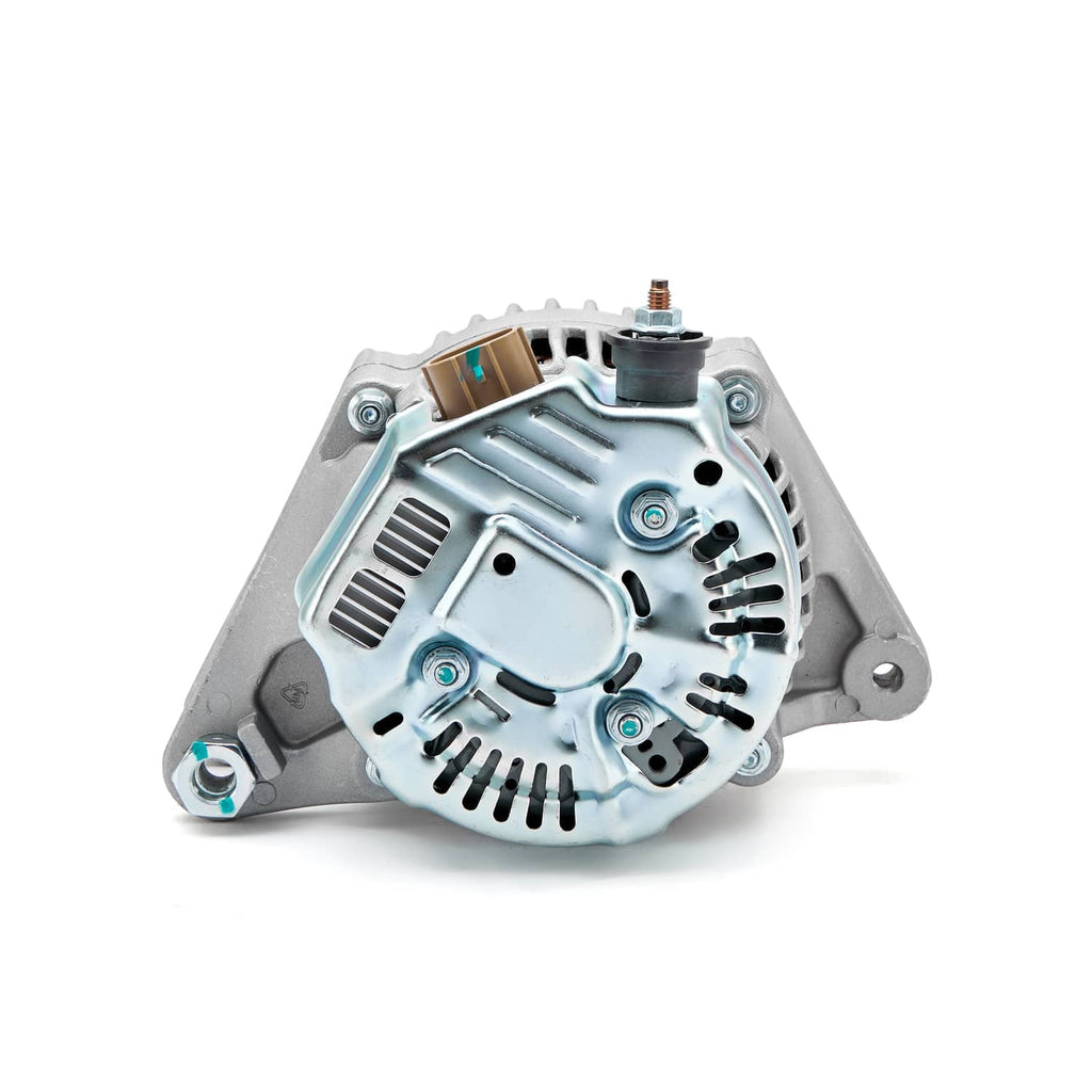 Alternator underside view showing vented panel, mounting feet, and electrical ports