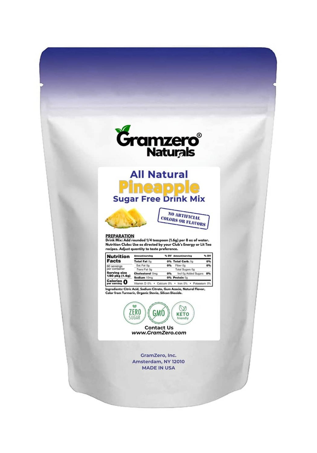 GramZero Pineapple sugar-free drink mix pouch back view with nutrition and ingredients