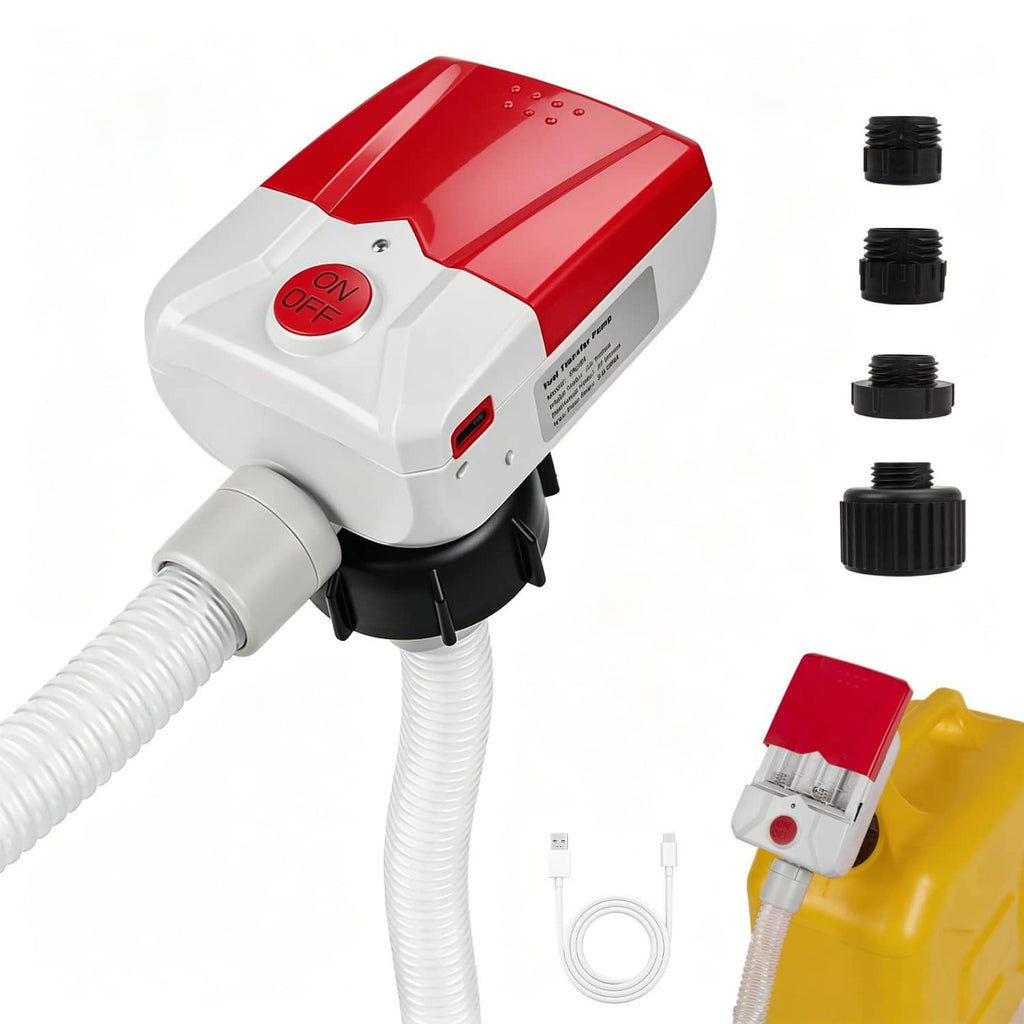 Red and white automatic fuel transfer pump with flexible hose and control buttons