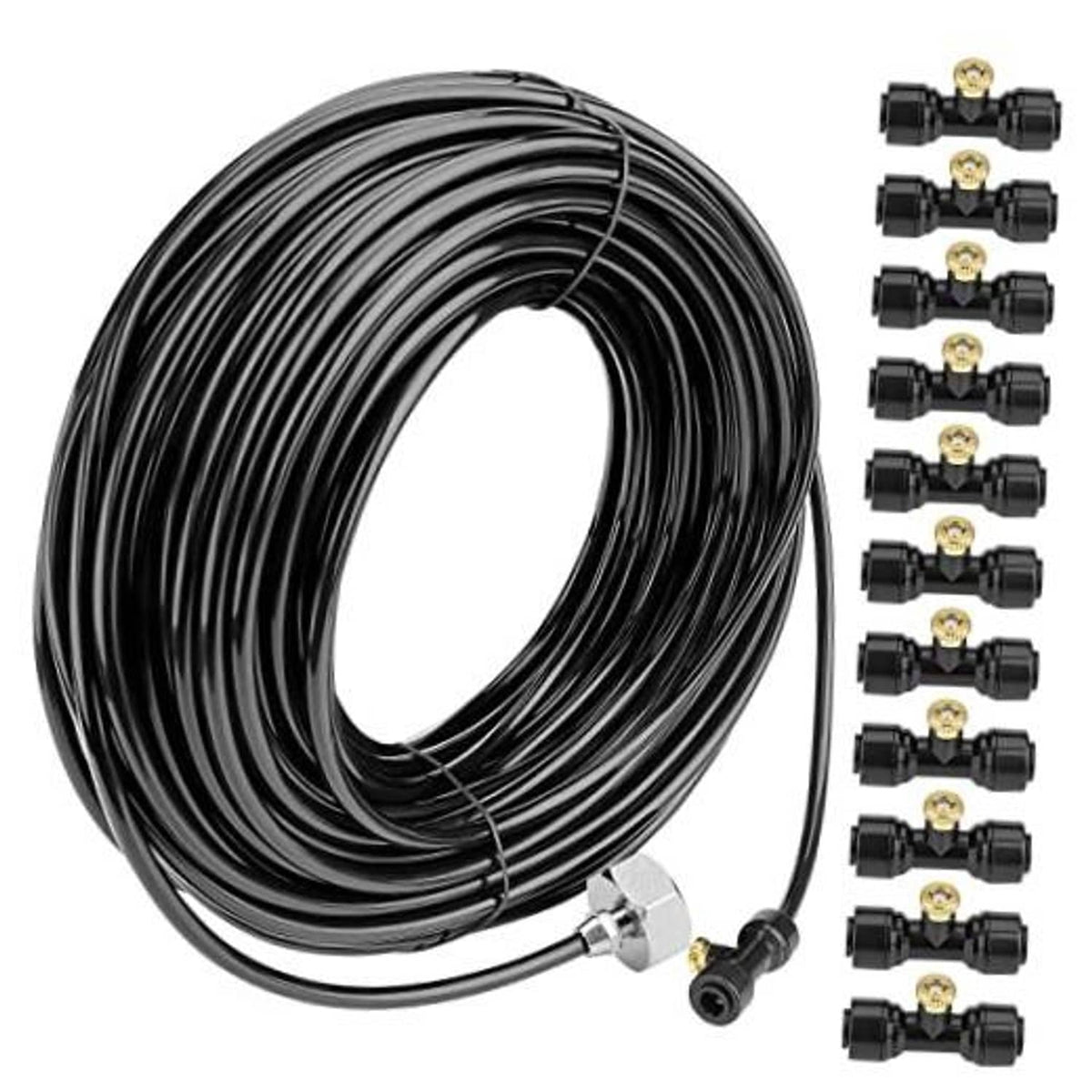 Black misting hose coil with brass mist nozzles and water-line connectors