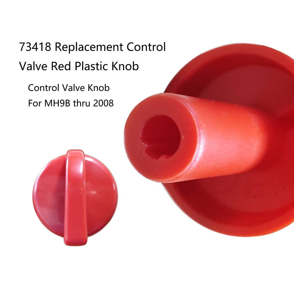 Red plastic control valve knob with circular hole in cap, close-up