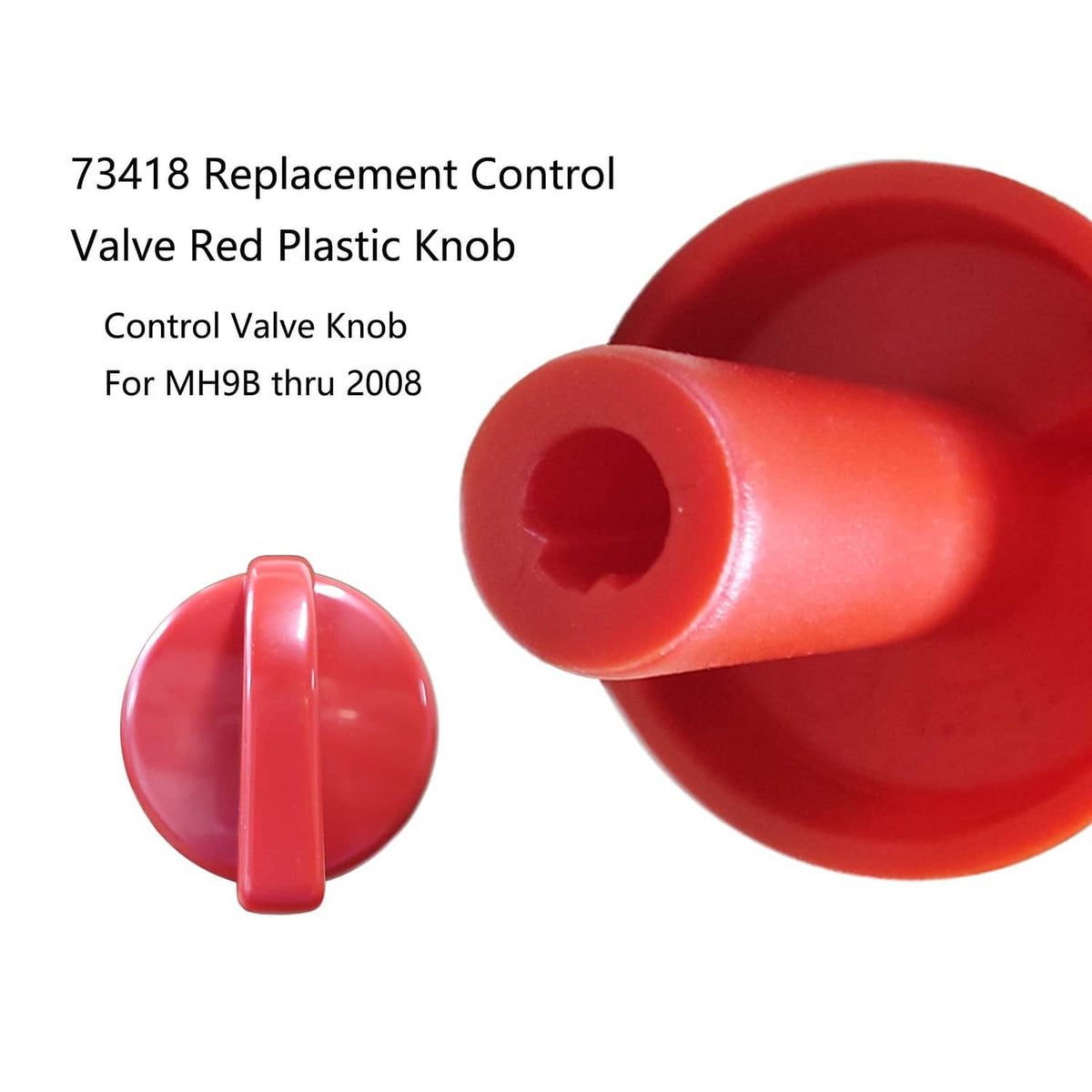 Red plastic control valve knob with circular hole in cap, close-up