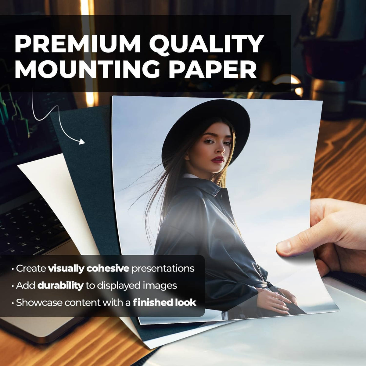 Black 8.5x11 portfolio folder with mounting paper and visible photo sheets inside