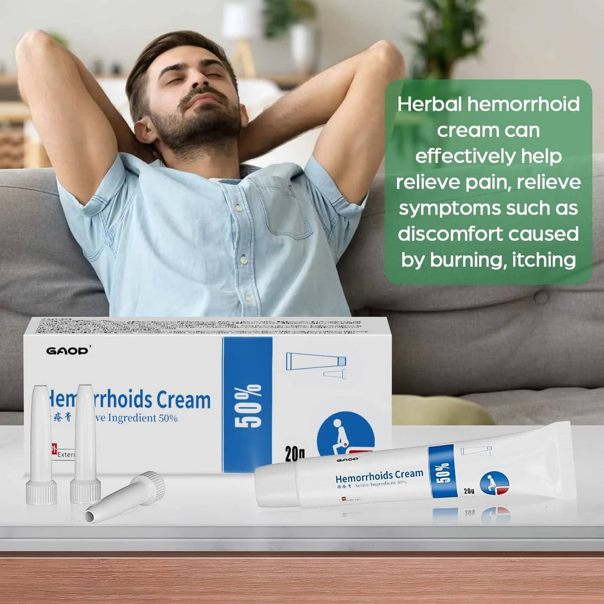 Hemorrhoid cream tubes and box with blue 50% label, 20 g each, product set