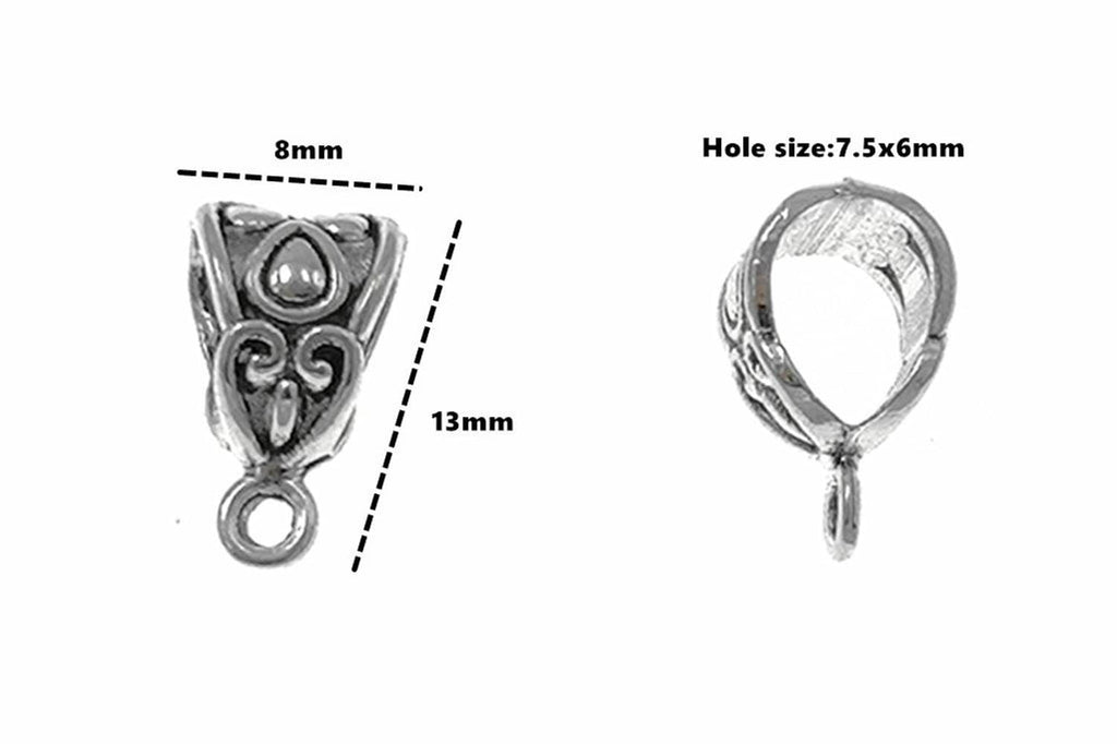 Silver heart bail connector size diagram; 13mm length, 7.5x6mm hole
