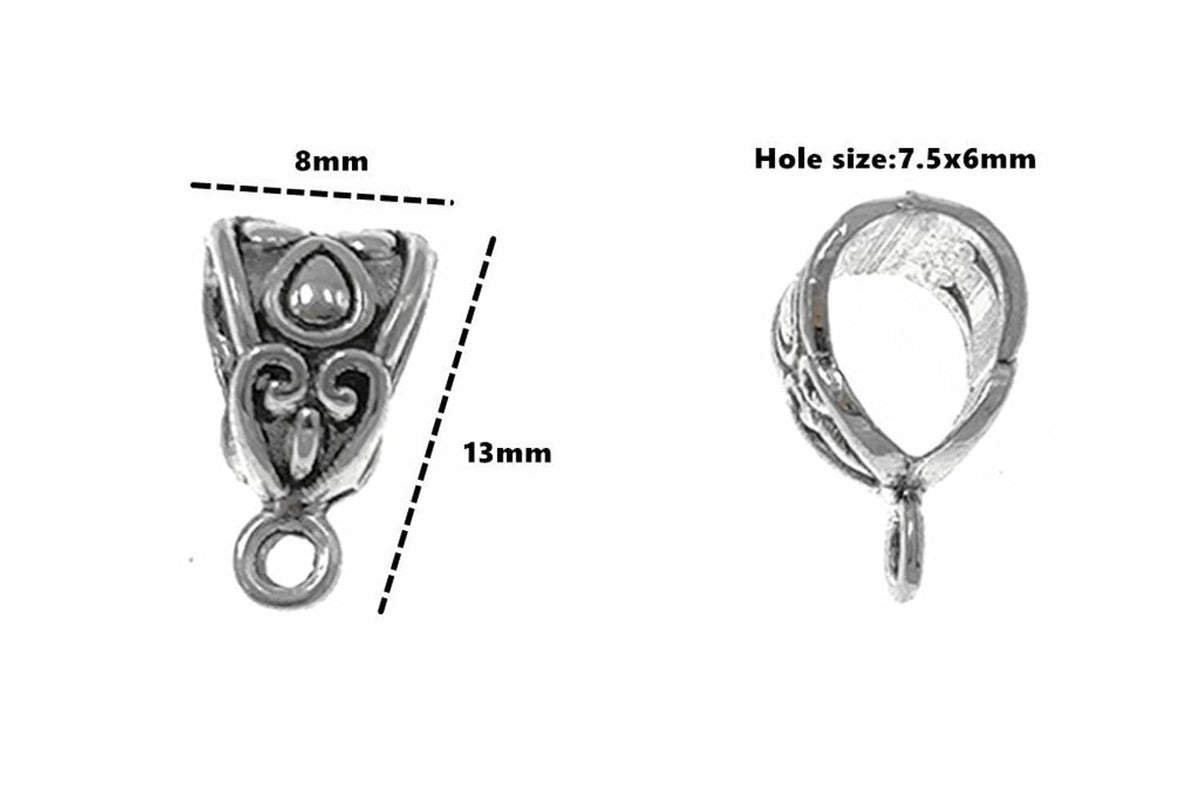 Silver heart bail connector size diagram; 13mm length, 7.5x6mm hole