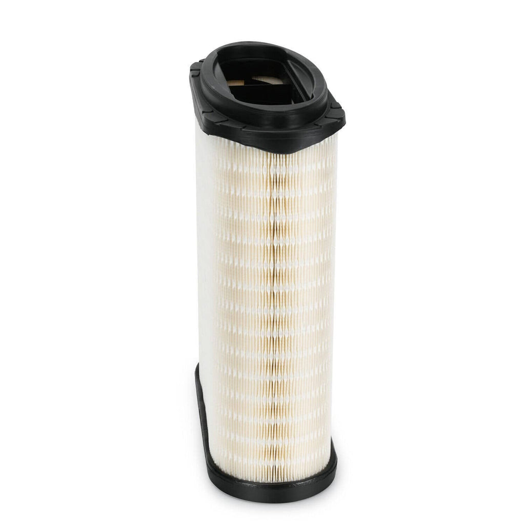 Engine air filter cartridge standing view, white pleated core with black top collar