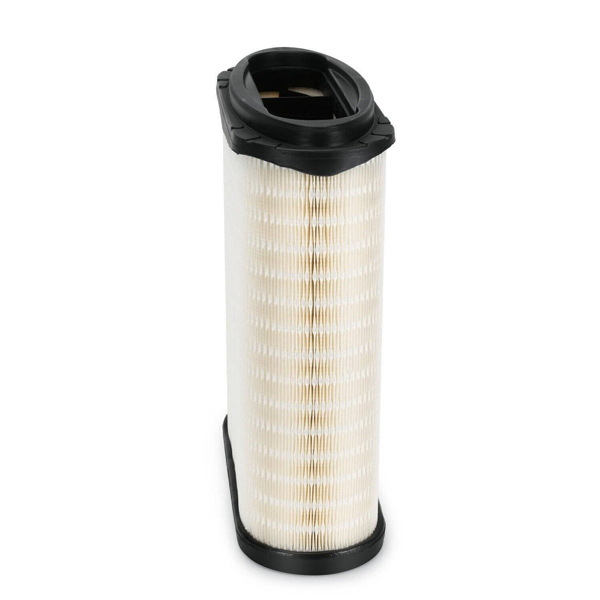 Engine air filter cartridge standing view, white pleated core with black top collar