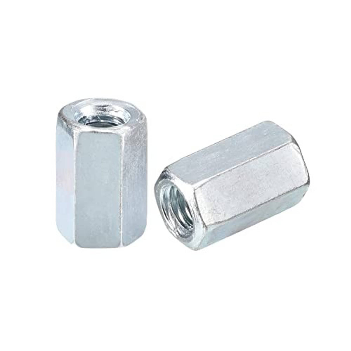 Galvanized hex coupling nut with internal threads, steel zinc-silver finish