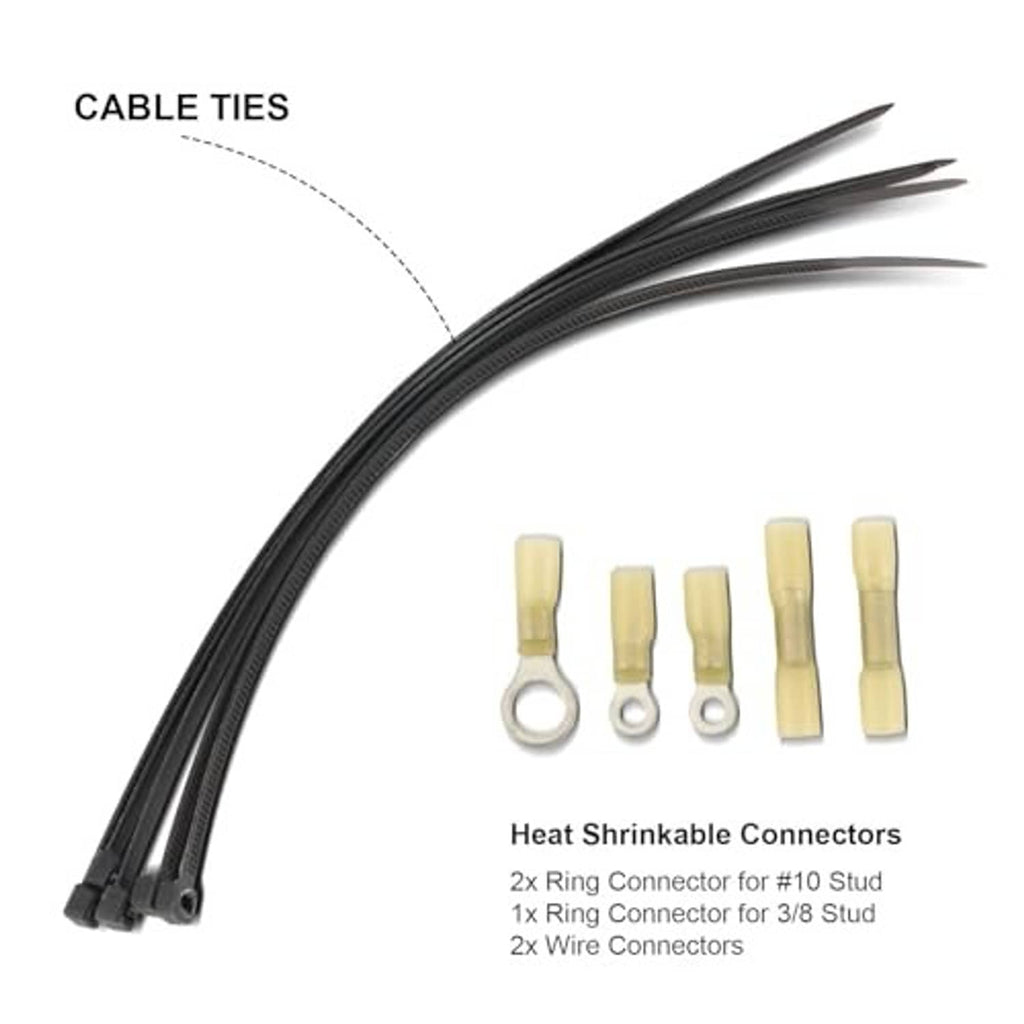 Black wire harness cable ties with heat-shrink ring terminals and wire connectors