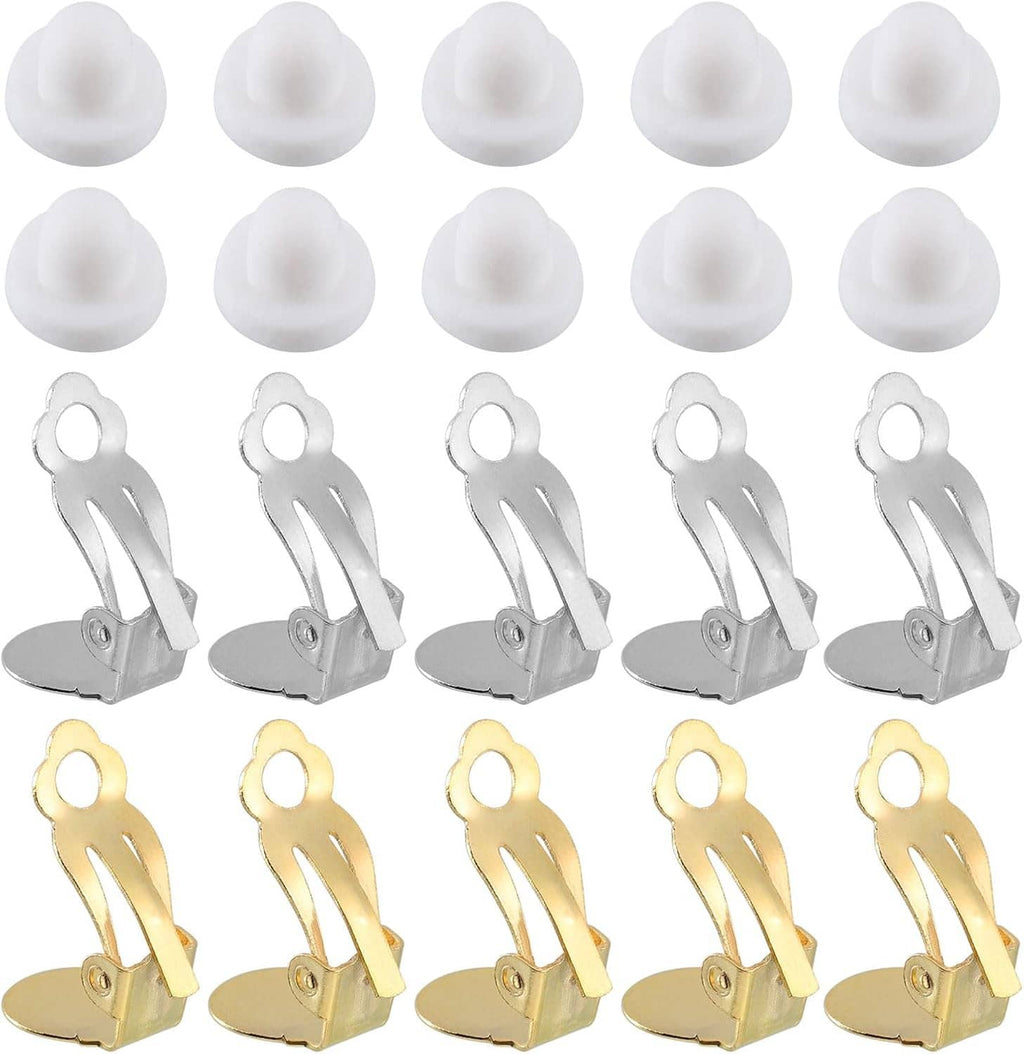 Clip-on earring converter set with white silicone pads and silver and gold-tone earring clips