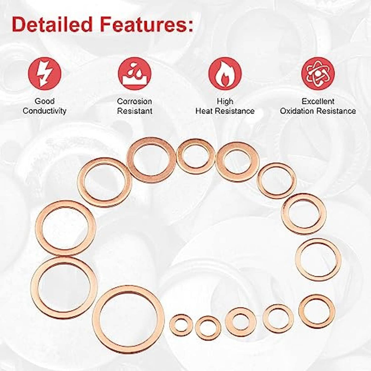 Copper sealing washers with icons indicating corrosion, heat, and oxidation resistance.