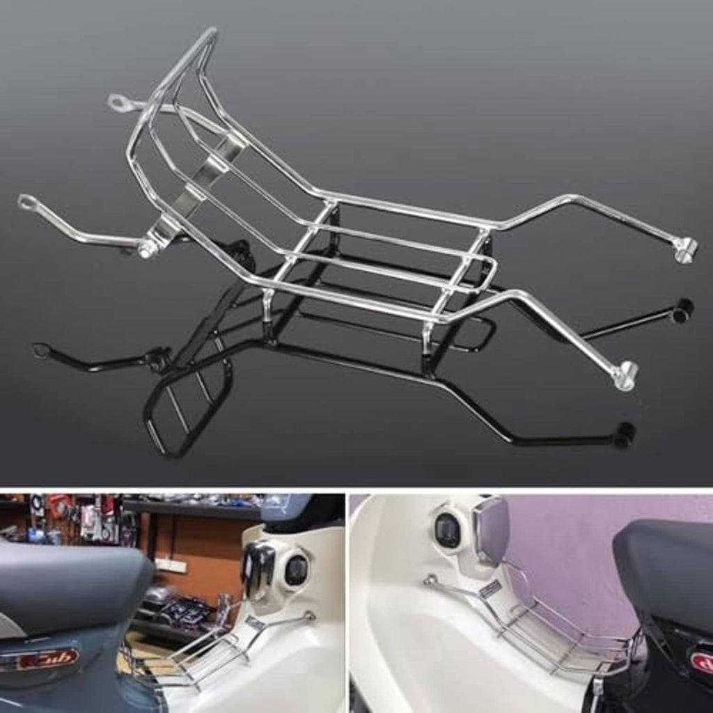 Chrome rear luggage rack carrier with black support brackets and mounting pegs