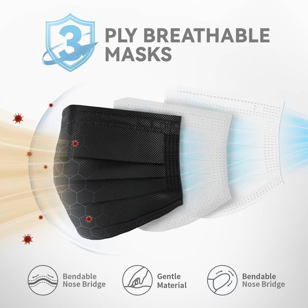 Set of black and white 3-ply disposable face masks with pleated design