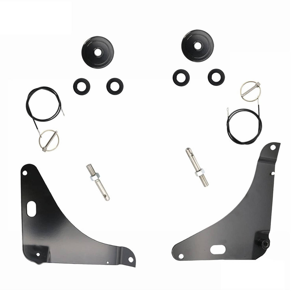Black hood pin mounting kit with brackets, pins, washers, and cables