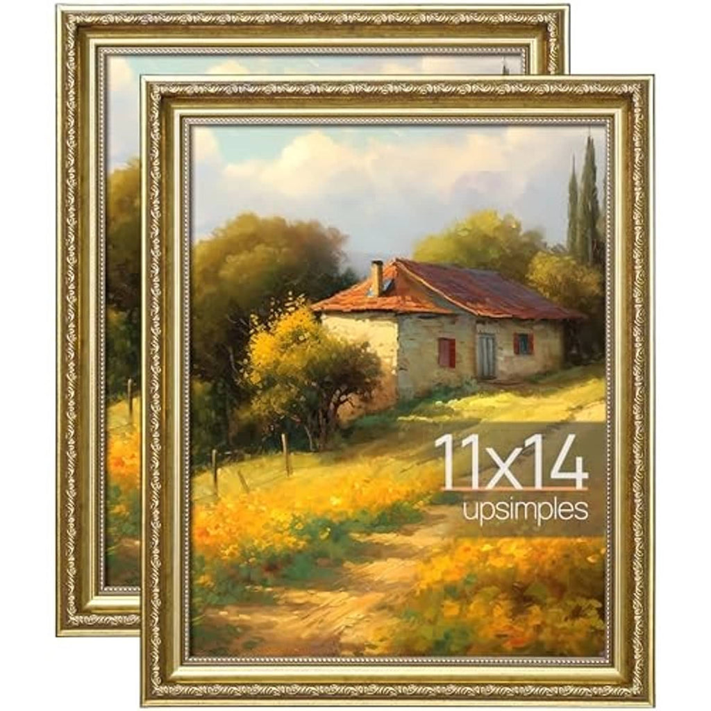 Ornate gold picture frame with real glass for 11x14 photos, front view