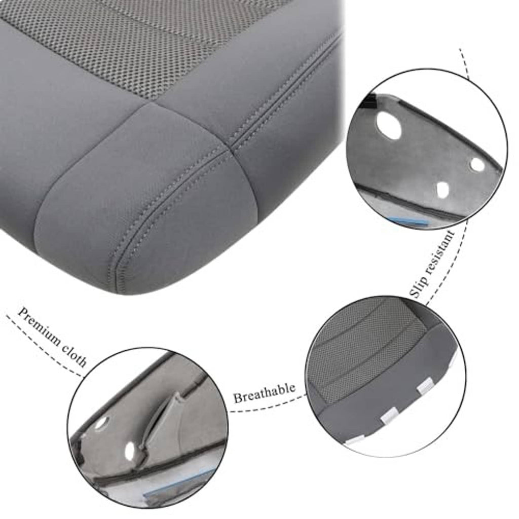 Gray cloth driver-side bottom seat cover with foam, detailed stitching and mesh panel