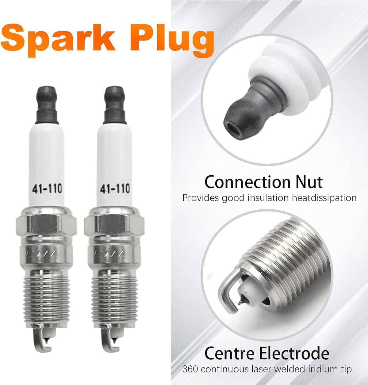 Two spark plugs with white ceramic insulators, metal threaded shells, and electrode tips.