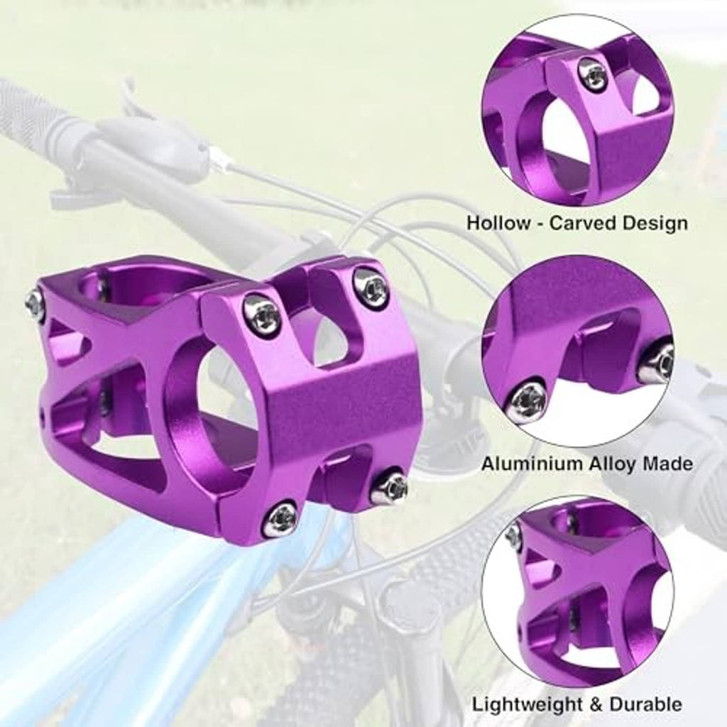 Purple alloy bike stem with hollow carved sides and top cap bolts