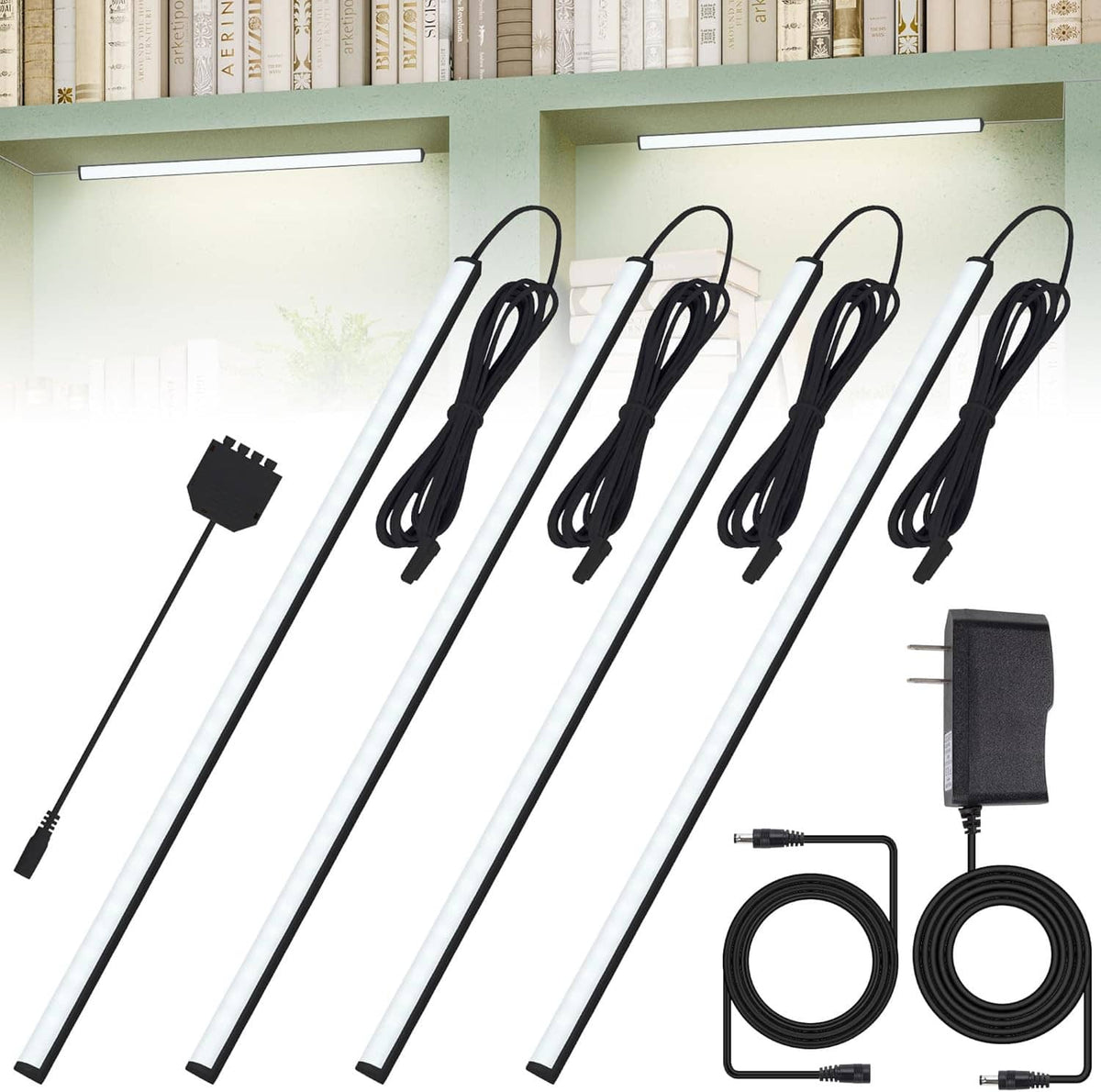 LED display case light kit with slim light bars, coiled cables, and power adapter