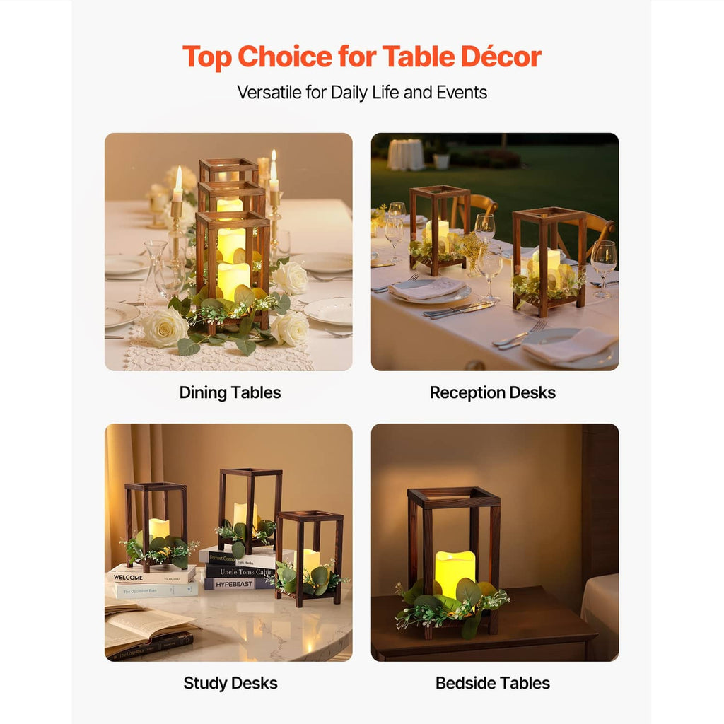 Brown wooden LED lantern centerpiece for table decor with glowing candles