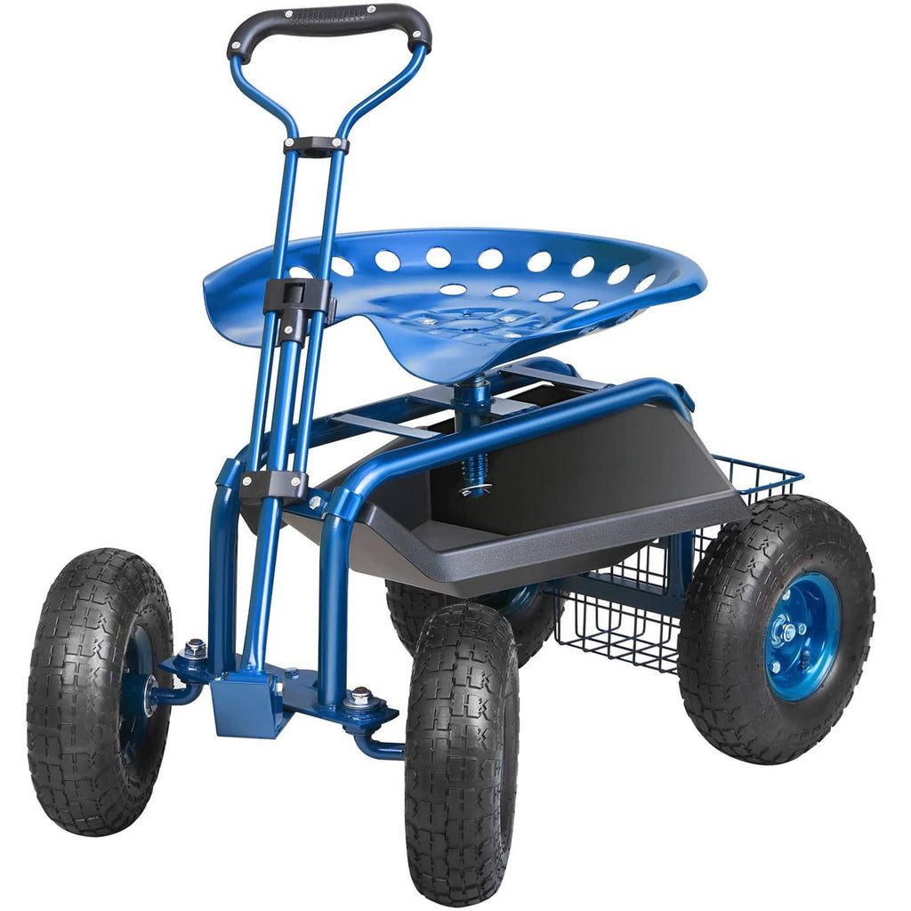 Blue garden cart with seat platform, storage basket, and four large front wheels