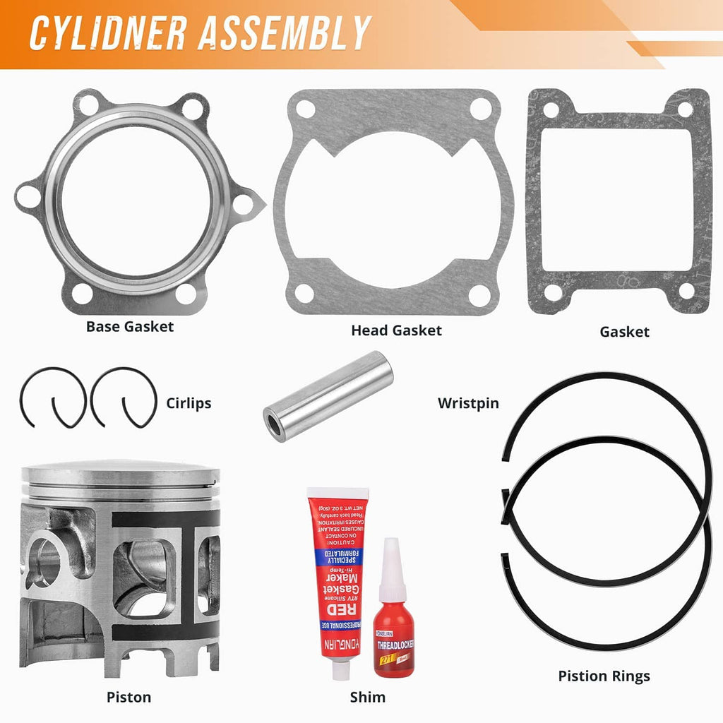 Separate gaskets, piston rings, and wrist pin shown for the top end kit