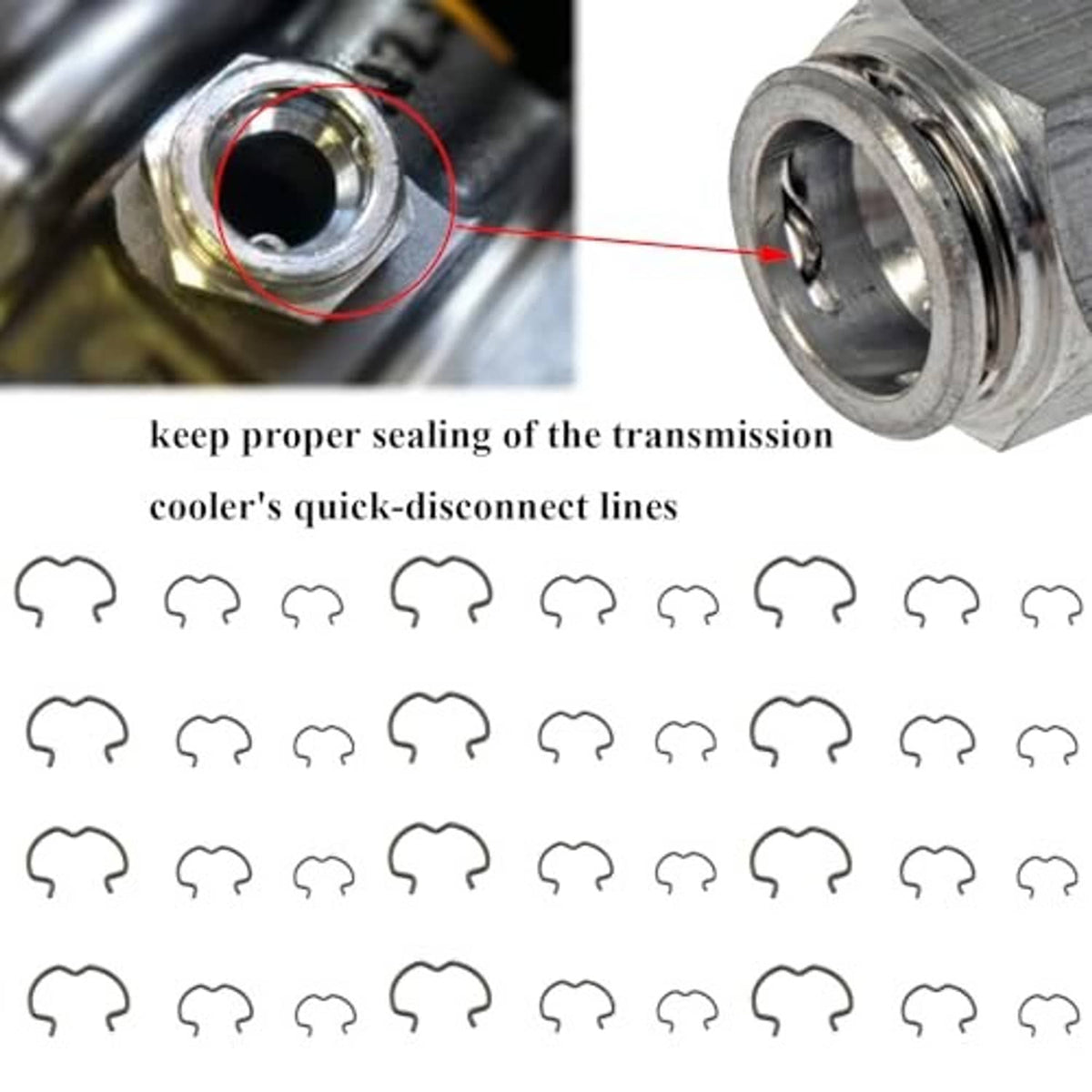Dark gray metal quick connector clip shown near transmission cooler quick-disconnect fittings