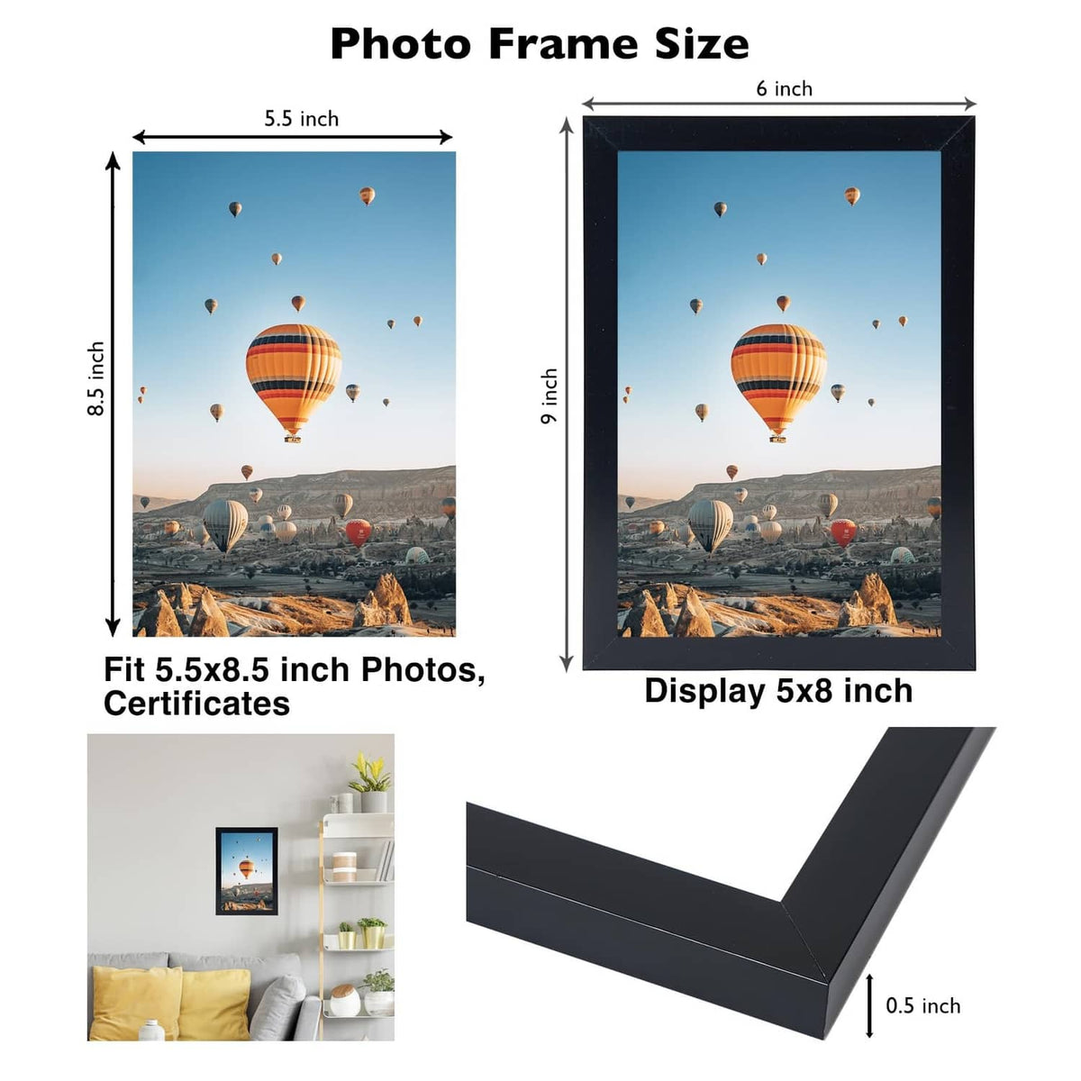 Black photo frames set showing front view with landscape image and measurements