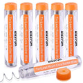 Solder wire pack with 6 orange-capped tubes and a coiled rosin-core wire piece