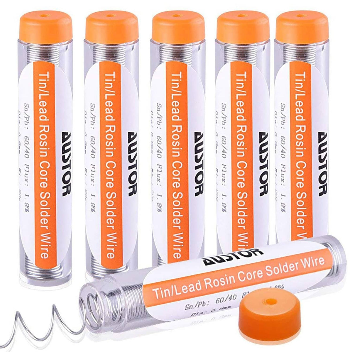 Solder wire pack with 6 orange-capped tubes and a coiled rosin-core wire piece