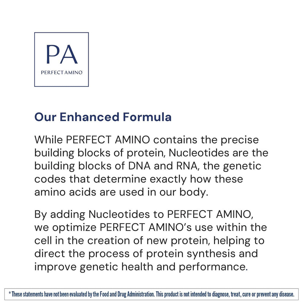 PerfectAmino enhanced formula information card with PD logo