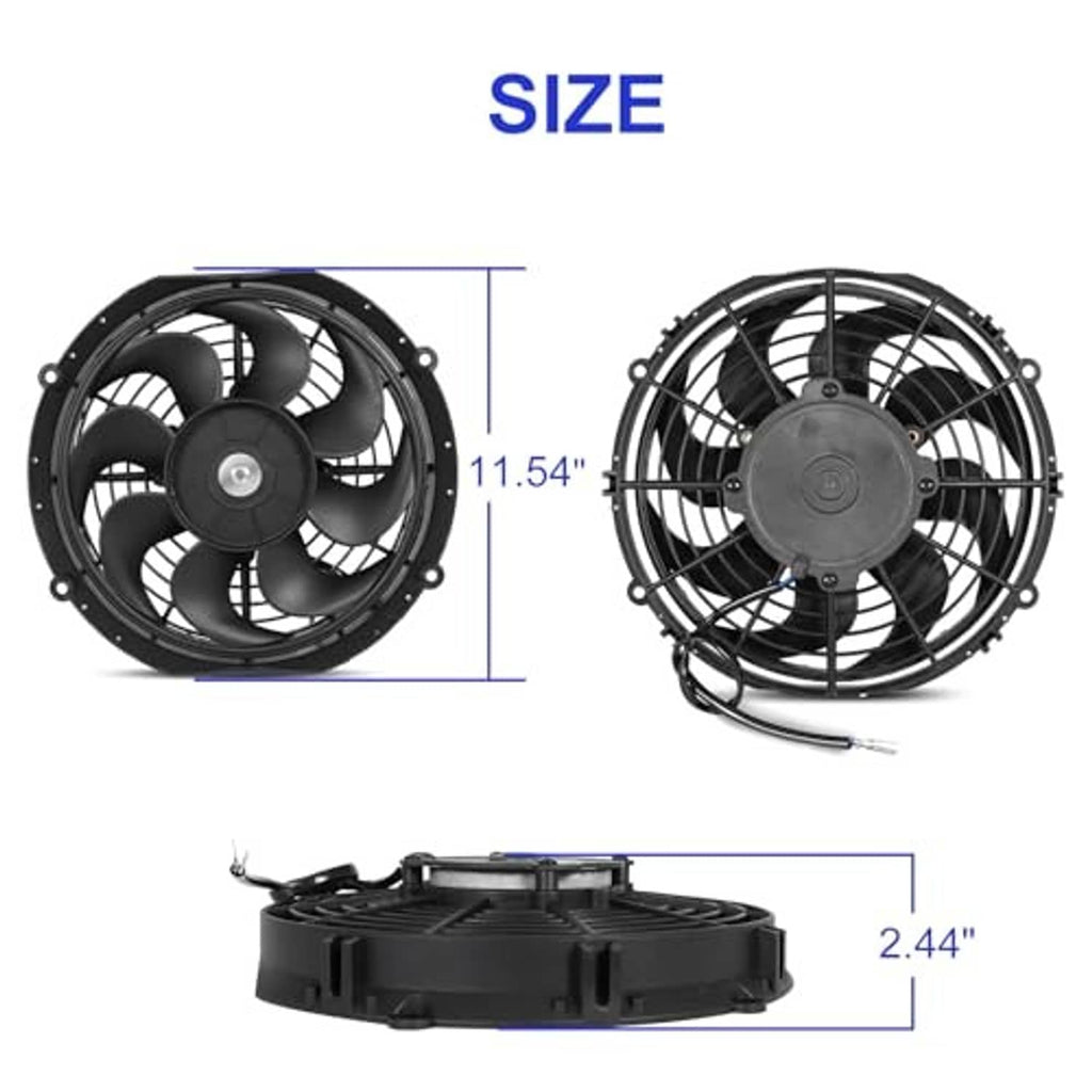 Slim 10-inch electric cooling fan with front and side profiles, black circular shroud