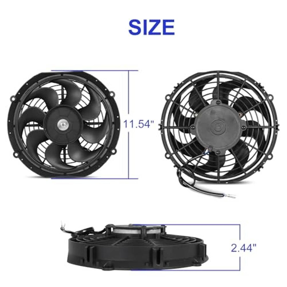 Slim 10-inch electric cooling fan with front and side profiles, black circular shroud