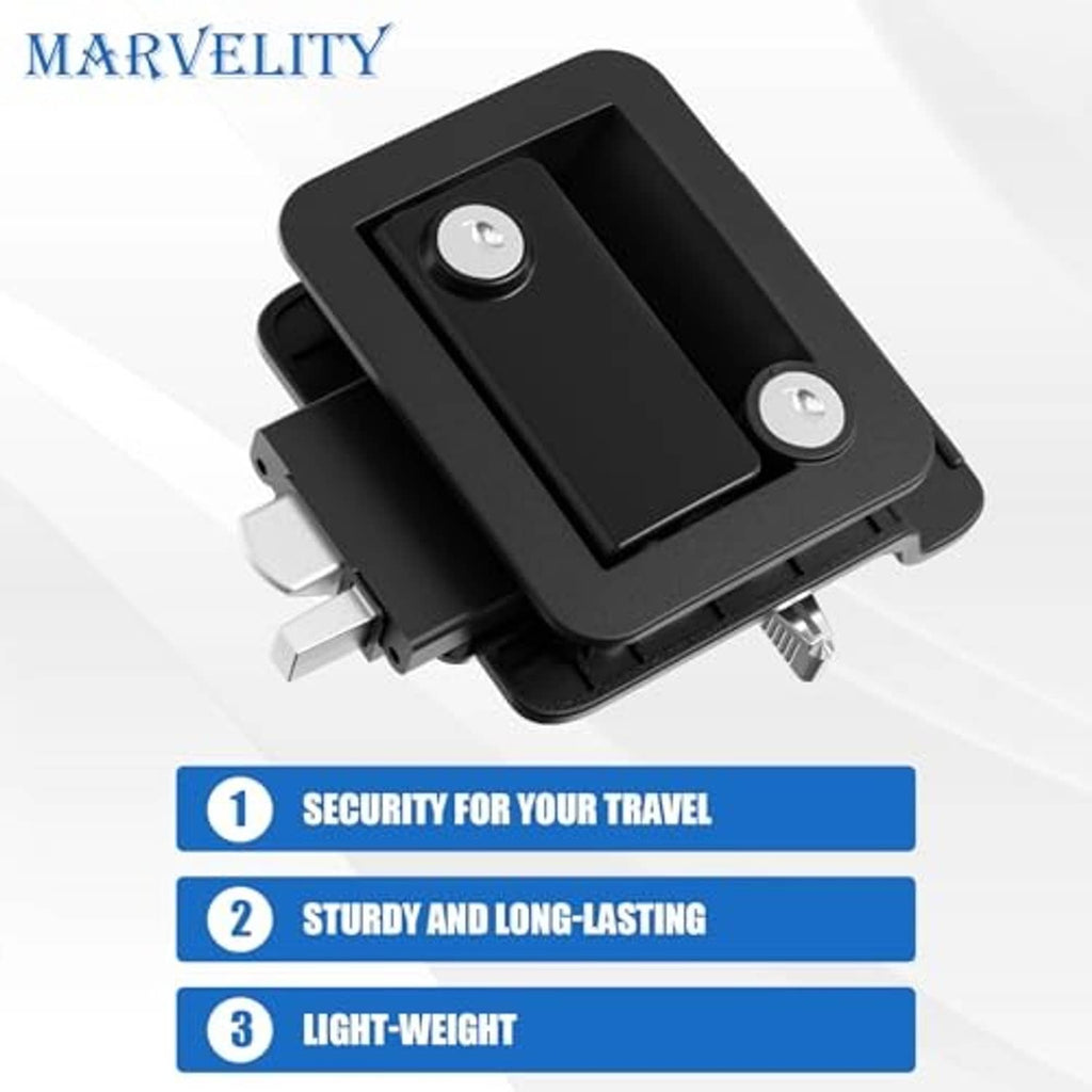 Black RV door lock latch with two key cylinders, angled front view