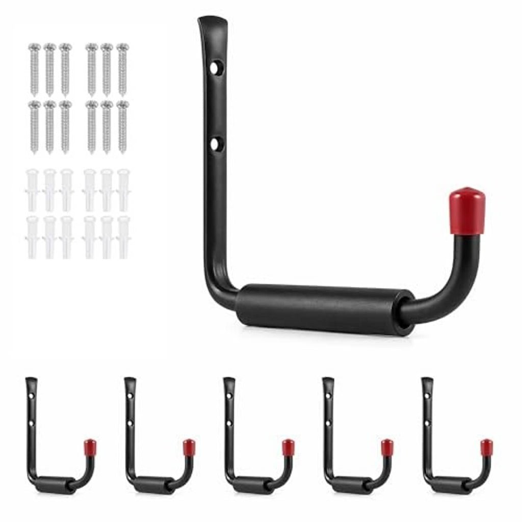 Set of black J hooks with red end caps, plus included hardware anchors and mounting screws