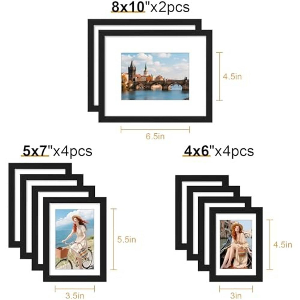 Black collage picture frame pack size breakdown: 8x10, 5x7, and 4x6 sets