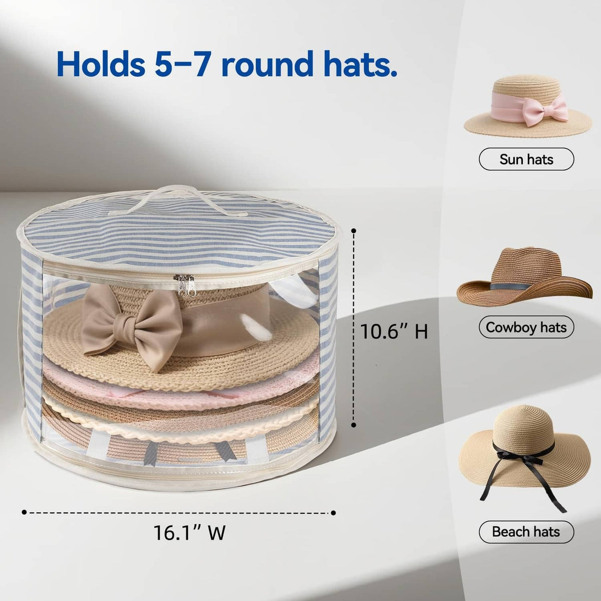 Round hat storage box with clear window, blue striped fabric, stores multiple hats.