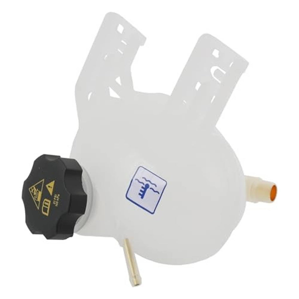 Coolant reservoir tank with black cap and short outlet tube