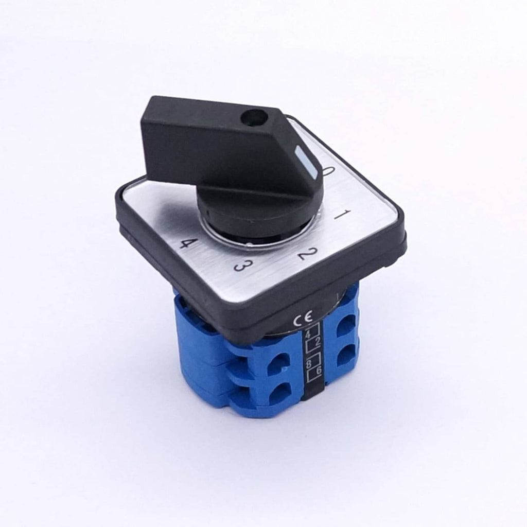 Square 4-position latching rotary switch with metal dial and blue terminal base