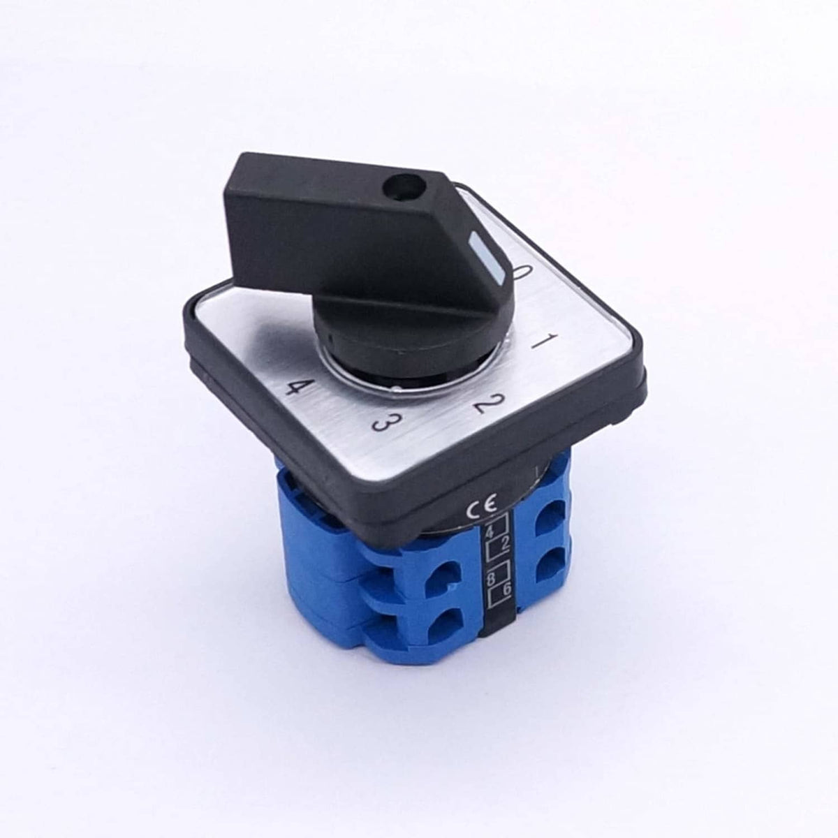 Square 4-position latching rotary switch with metal dial and blue terminal base