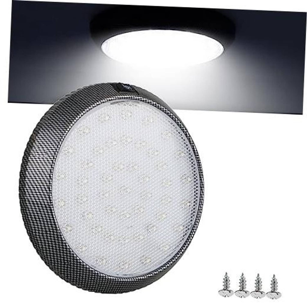 Black round LED dome light with textured bezel and clear lens, glowing white